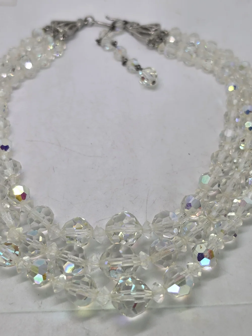 Vintage 3 Strand AB Aurora Borealis Crystal Glass Faceted Bead Necklace Choker